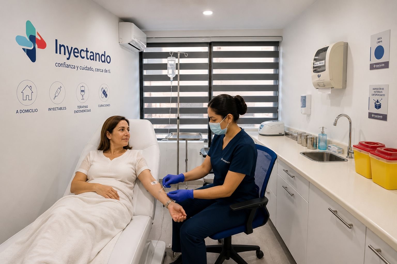 Profesional de enfermería de Inyectando atendiendo a una paciente en la sala de procedimientos del Metro Pedro de Valdivia.